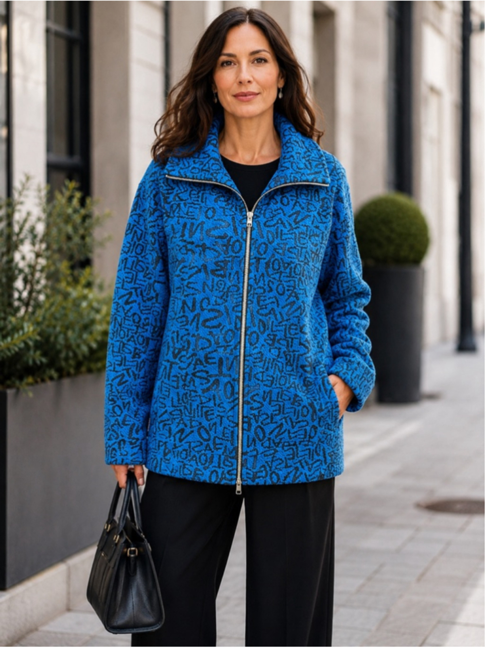 Tonia Debellis Jacket Women's M Jacquard Full Zip Artsy Maximalist Blue Black